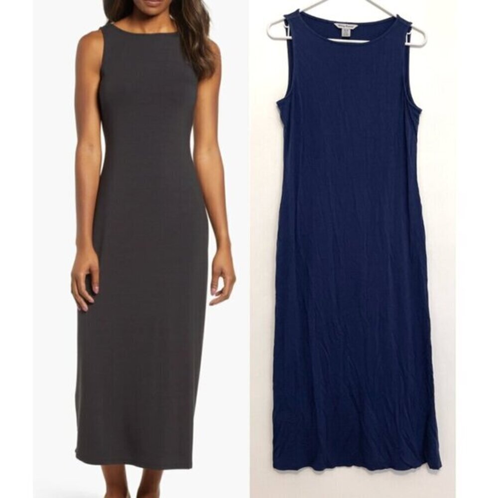 TOMMY BAHAMA Tambour Sleeveless Midi Dress Navy Blue Boat Neck Side Slit Fitted